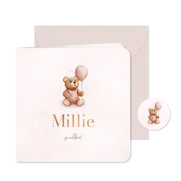Lief geboortekaartje met teddybeer en roze ballon